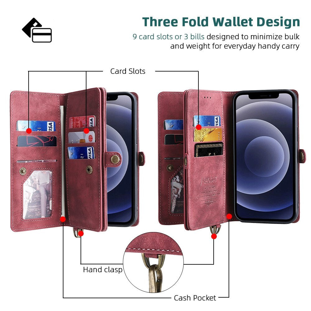 iPhone 12 / 12 Pro MEGSHI Leather Flip Case w. Magnetic Wallet - Red