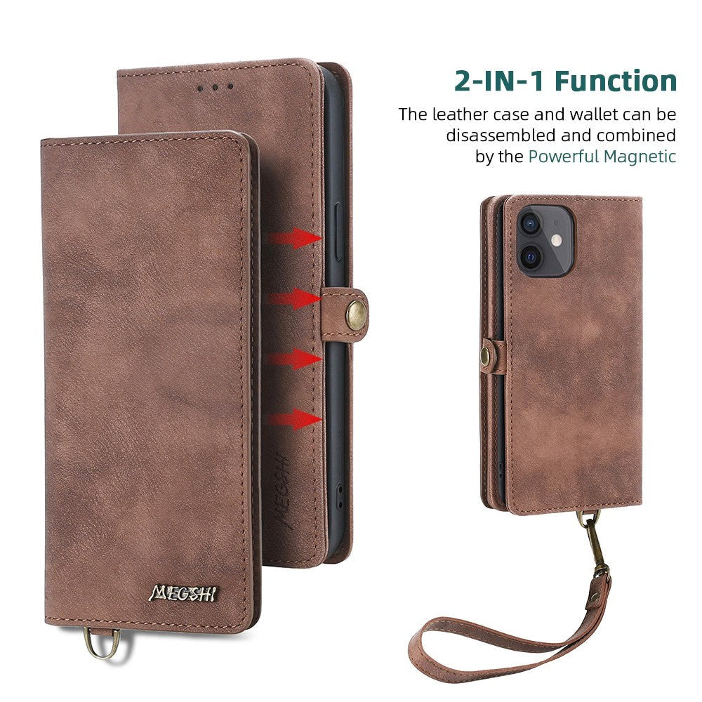 iPhone 12 / 12 Pro MEGSHI Leather Flip Case w. Magnetic Wallet - Brown