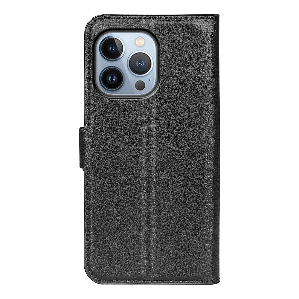 iPhone 14 Pro Max Litchi Leather Flip case with Card Holder and Magnetic Close - Black