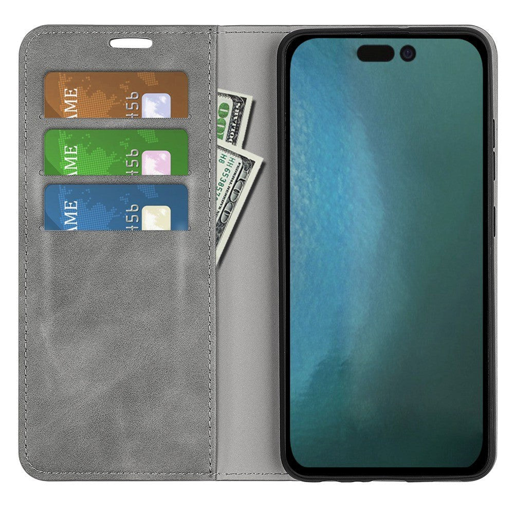 iPhone 14 Pro Leather Wallet Flip Case & Magnetic Lock - Grey