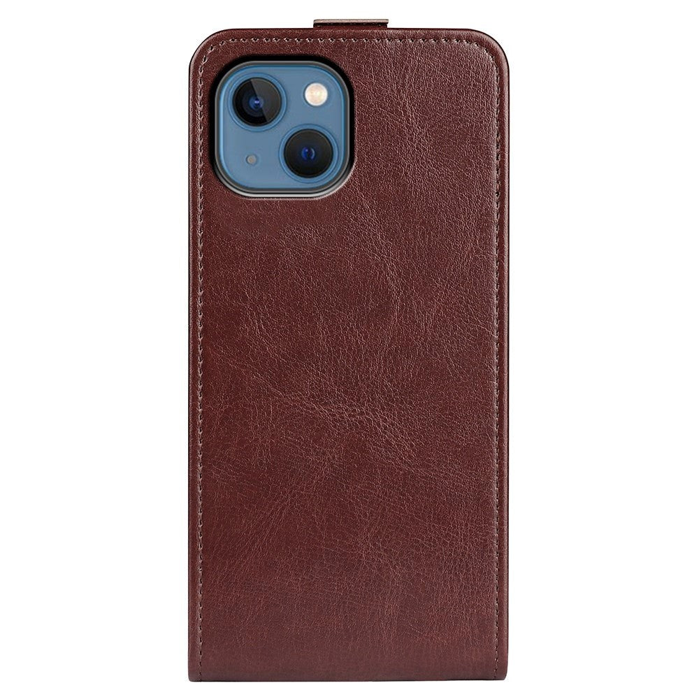 iPhone 14 Vertical Flip Leather Case w. Card Holder - Brown