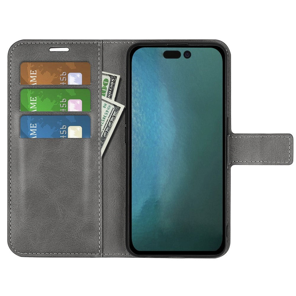 iPhone 14 Plus Leather Cover w. Card Holder & Magnetic Closure - Grey