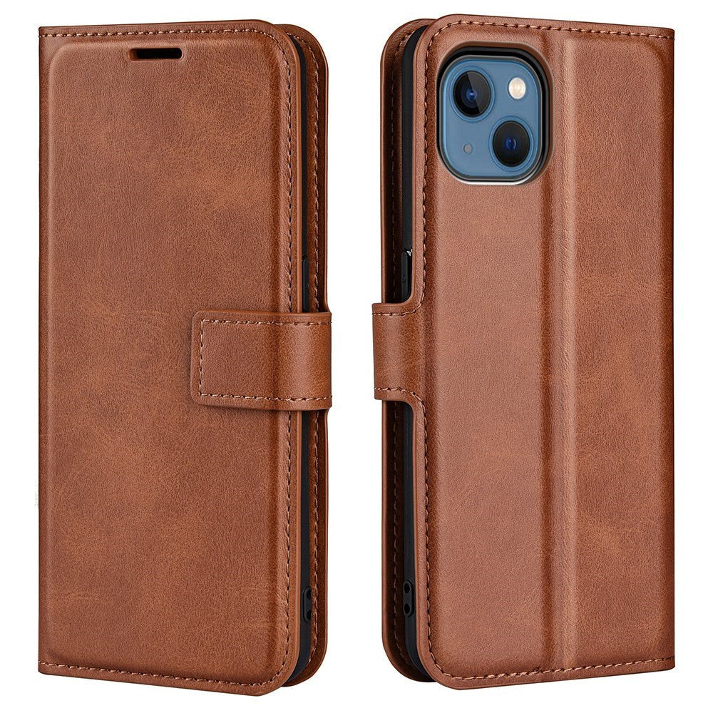 iPhone 14 Plus Leather Cover w. Card Holder & Magnetic Closure - Light Brown