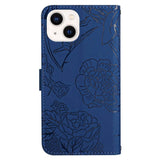 iPhone 14 Wallet Case w. Strap - Butterfly Engraving - Blue