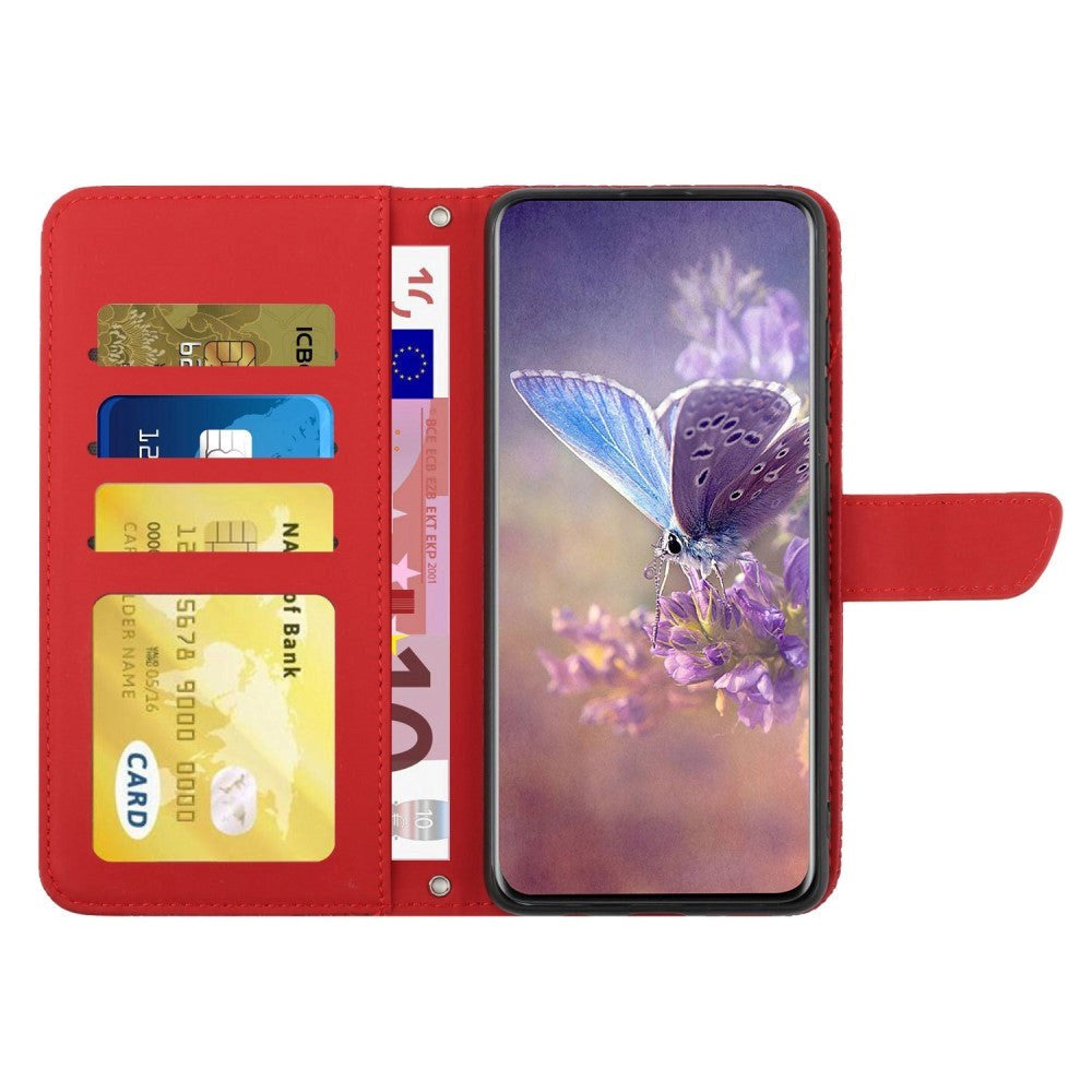 iPhone 14 Pro Wallet Case w. Strap - Butterfly Engraving - Red