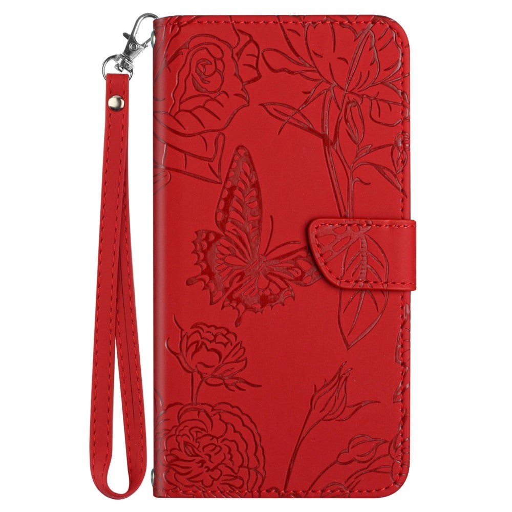 iPhone 14 Pro Wallet Case w. Strap - Butterfly Engraving - Red