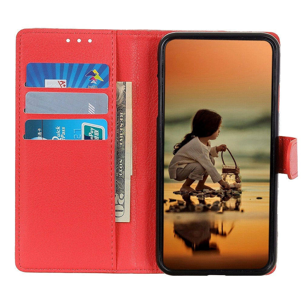 iPhone 14 Pro Litchi Leather Wallet Case & Magnetic Lock - Red