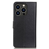 iPhone 14 Pro Litchi Leather Wallet Case & Magnetic Lock - Black