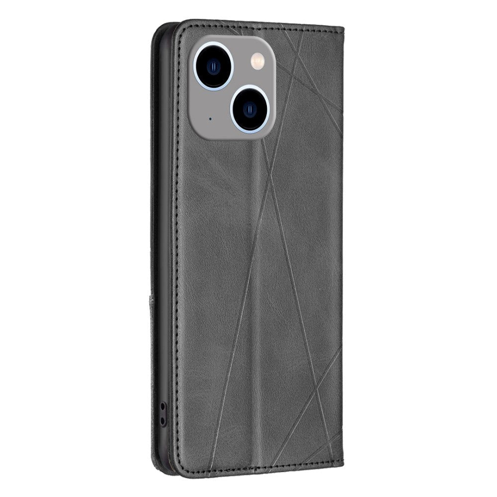 iPhone 14 Plus Leather Flip Case w. Geometric Lines - Black