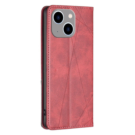 iPhone 14 Plus Leather Flip Case w. Geometric Lines - Red