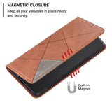 iPhone 14 Plus Leather Flip Case w. Geometric Lines - Brown