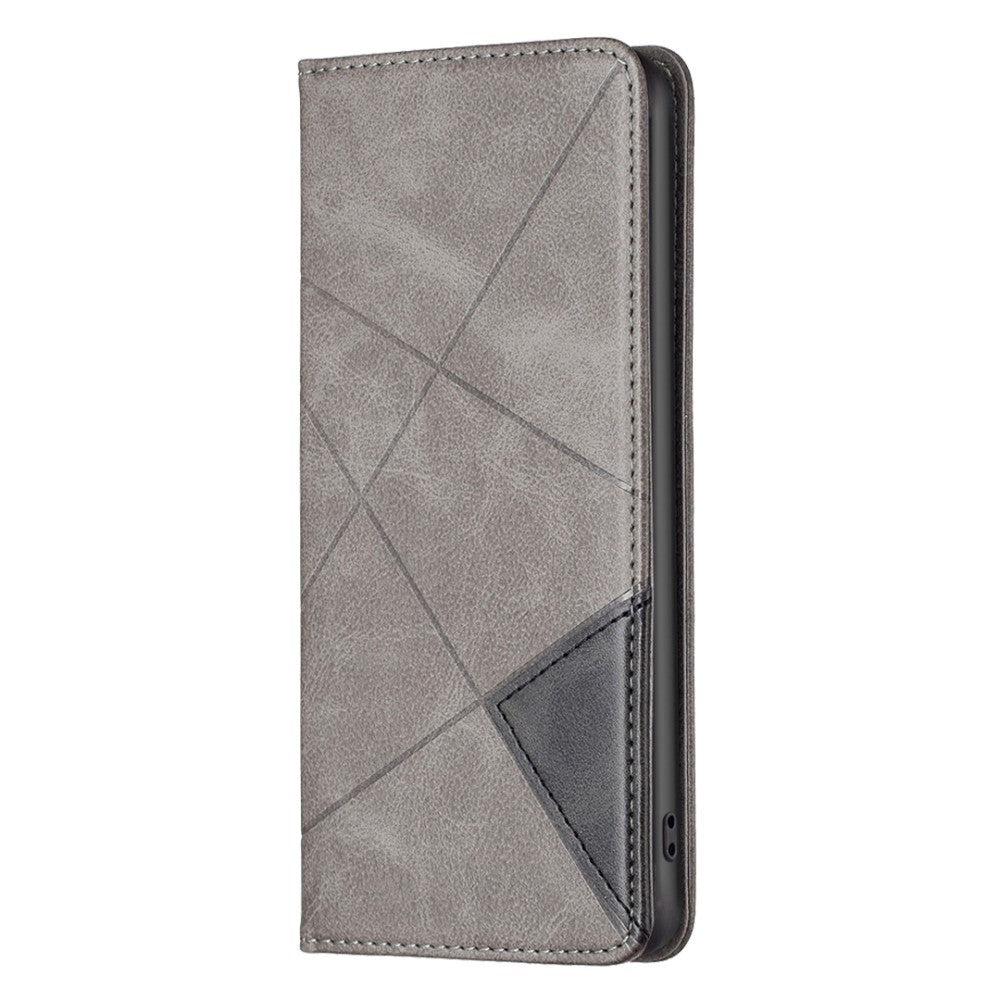 iPhone 14 Plus Leather Flip Case w. Geometric Lines - Gray