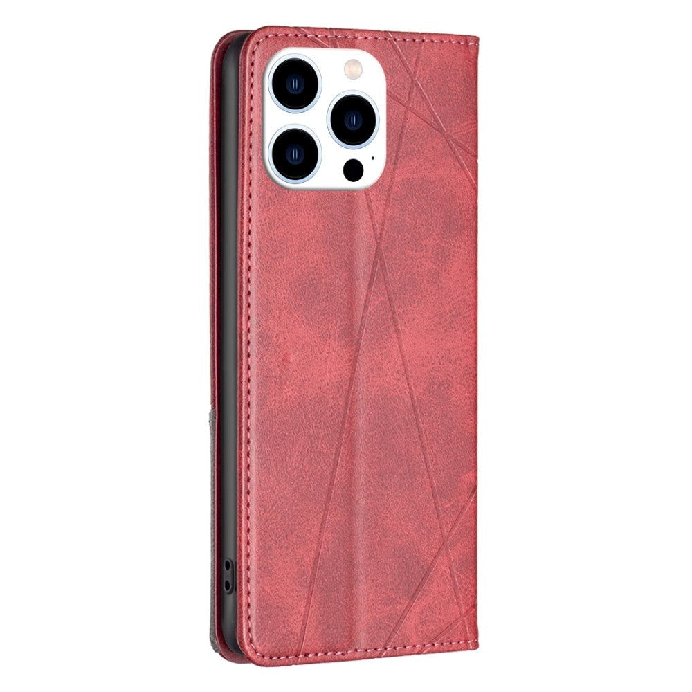 iPhone 14 Pro Leather Flip Case w. Geometric Lines - Red