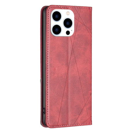 iPhone 14 Pro Leather Flip Case w. Geometric Lines - Red