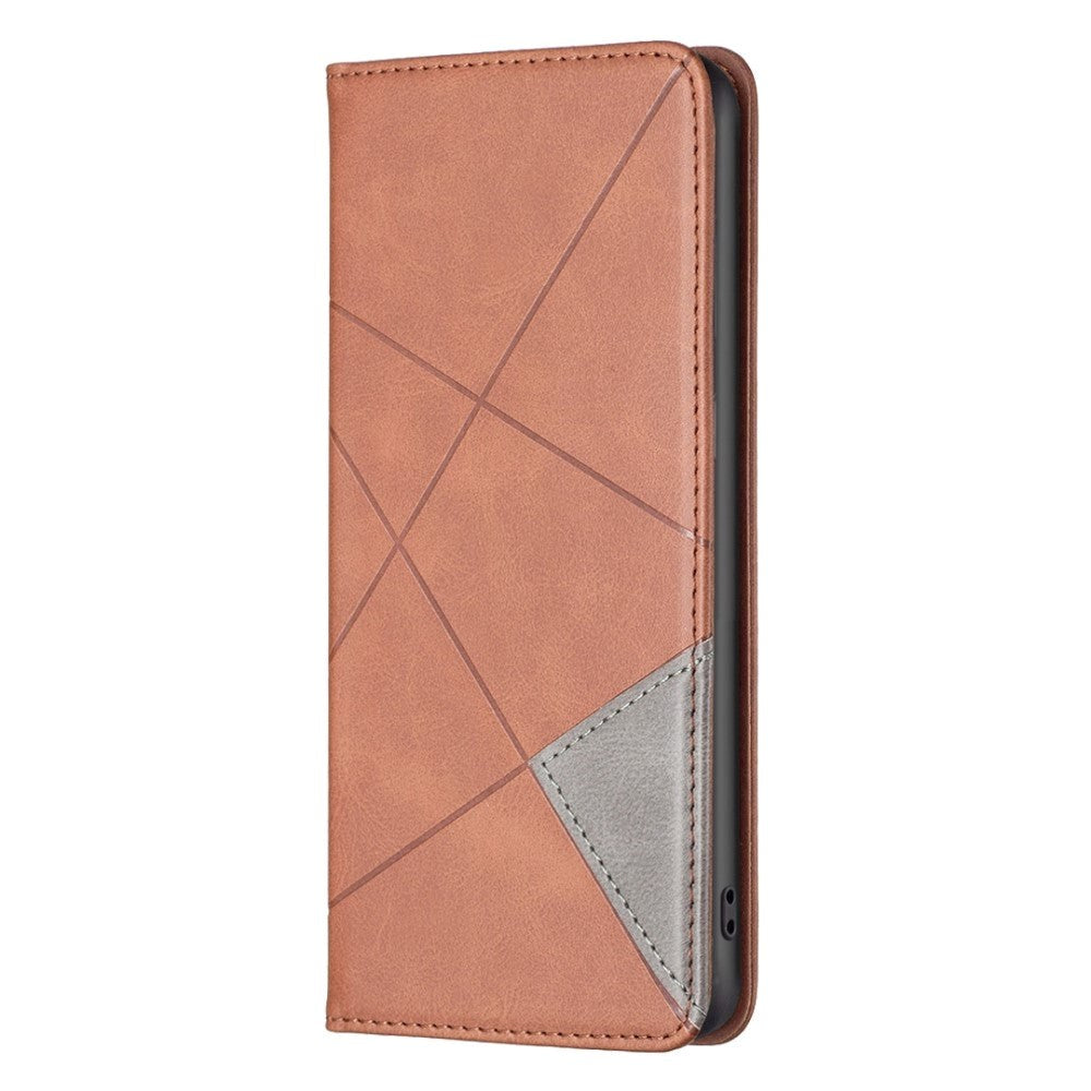 iPhone 14 Pro Leather Flip Case w. Geometric Lines - Brown