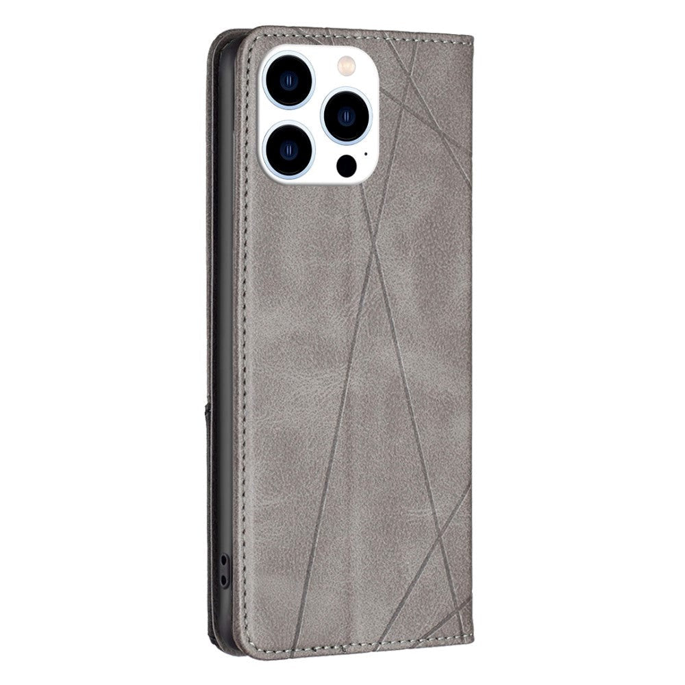 iPhone 14 Pro Leather Flip Case w. Geometric Lines - Grey