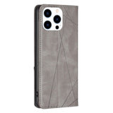 iPhone 14 Pro Leather Flip Case w. Geometric Lines - Grey