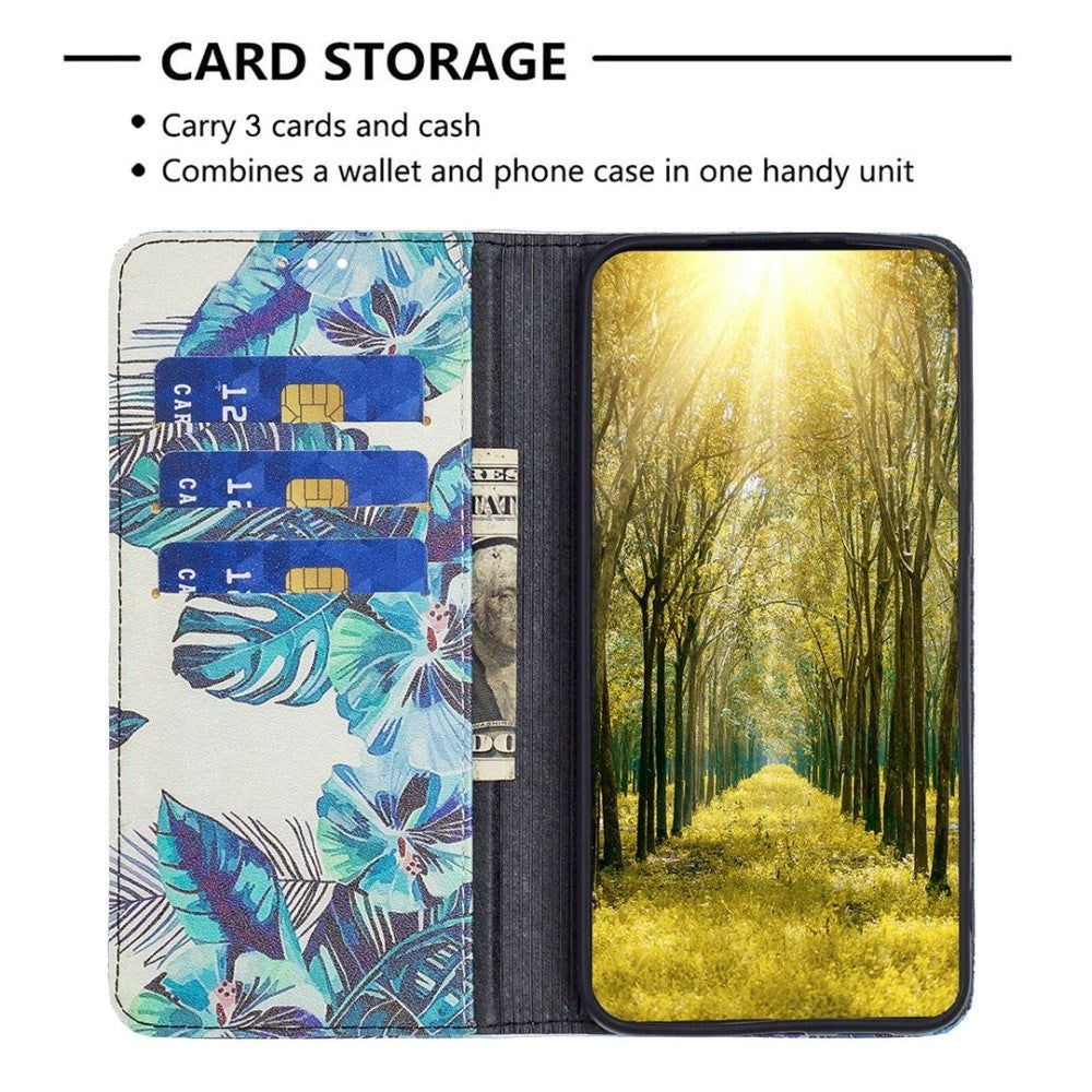 iPhone 14 Pro Leather Wallet Case & Stand Mode - Blue Leaves