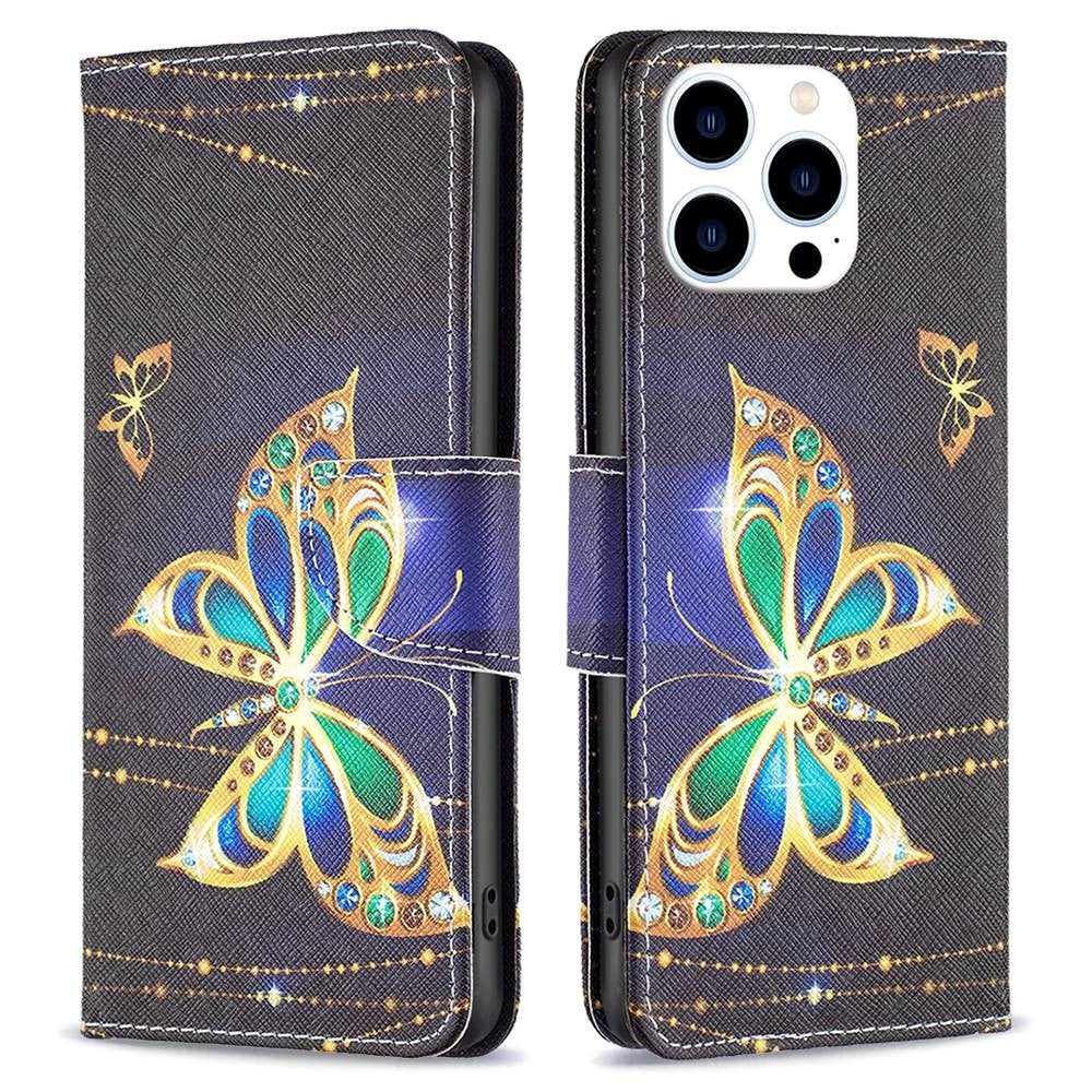 iPhone 14 Pro Leather Wallet Case - Golden Buttefly