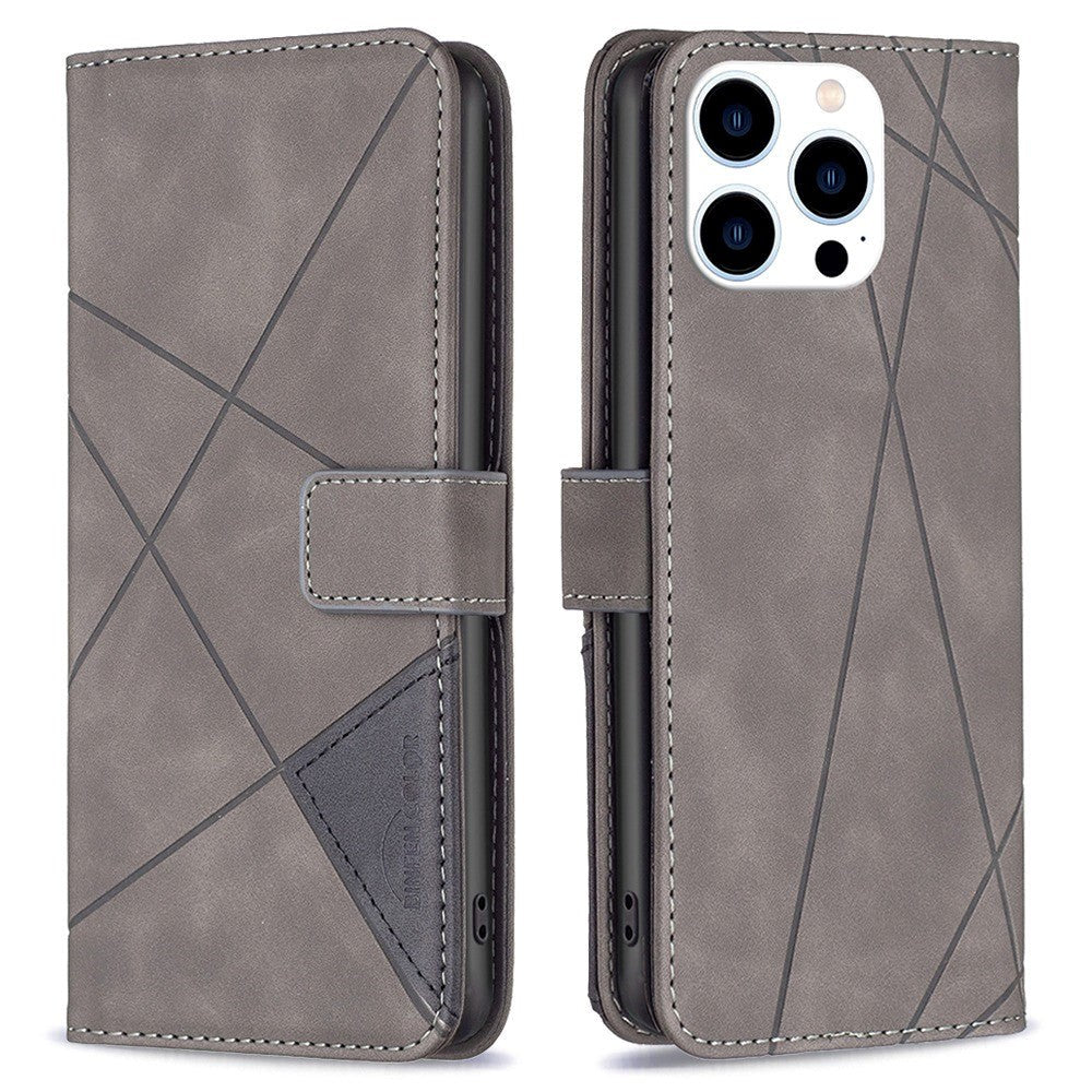 iPhone 14 Pro Leather Flip Case w. Geometric Pattern - Gray