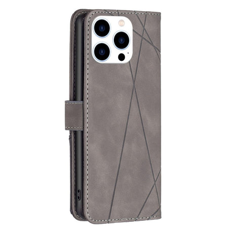 iPhone 14 Pro Leather Flip Case w. Geometric Pattern - Gray