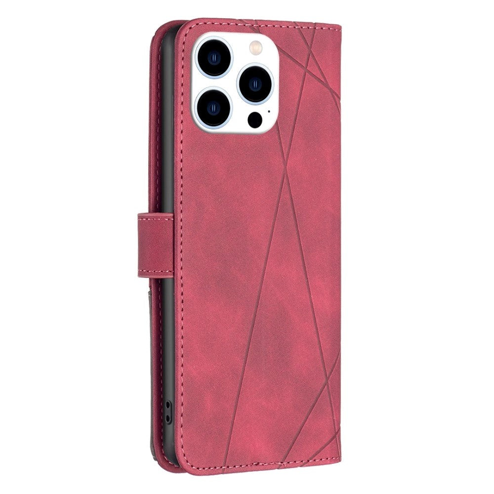 iPhone 14 Pro Leather Flip Case w. Geometric Pattern - Red