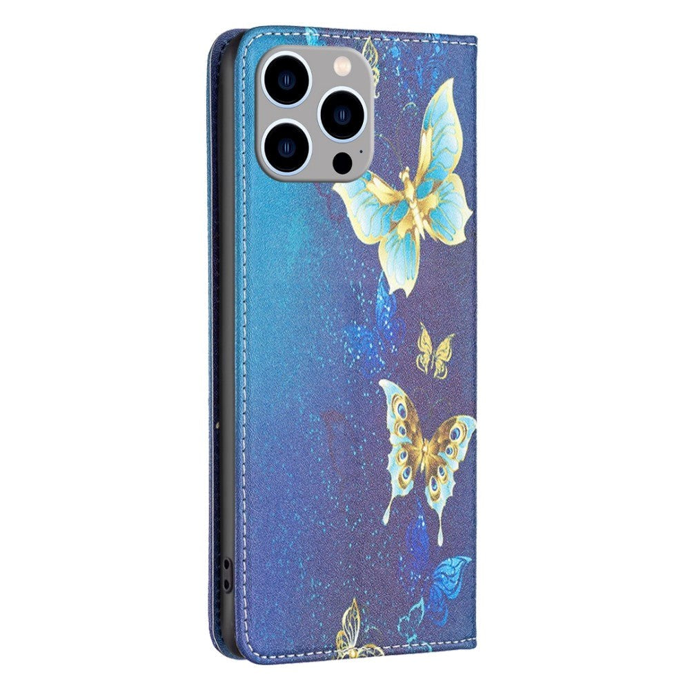 iPhone 14 Pro Max Leather Wallet Case & Stand Mode - Golden Butterflies