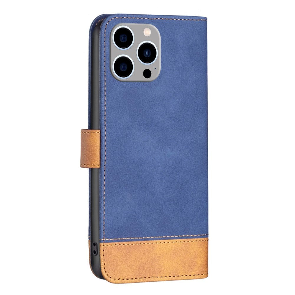 iPhone 14 Pro Max Soft Leather Flip Case with Wallet & Brown Bottom - Blue