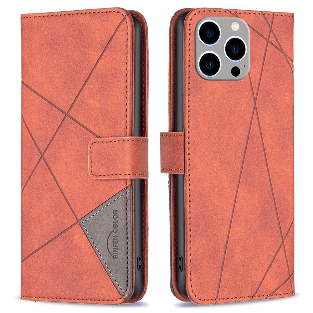 iPhone 14 Pro Max Soft Leather Wallet Case - Geometric Lines - Brown