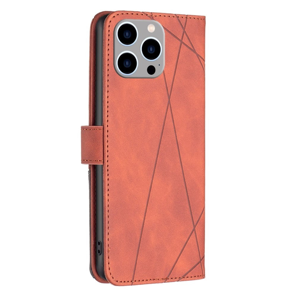 iPhone 14 Pro Max Soft Leather Wallet Case - Geometric Lines - Brown