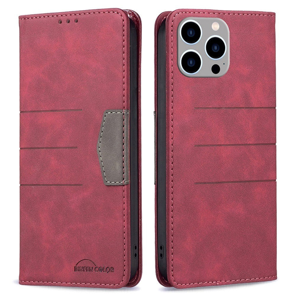 iPhone 14 Pro Max Soft Leather Wallet Case - Horizontal Lines - Red