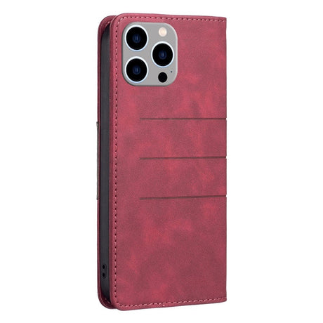 iPhone 14 Pro Max Soft Leather Wallet Case - Horizontal Lines - Red