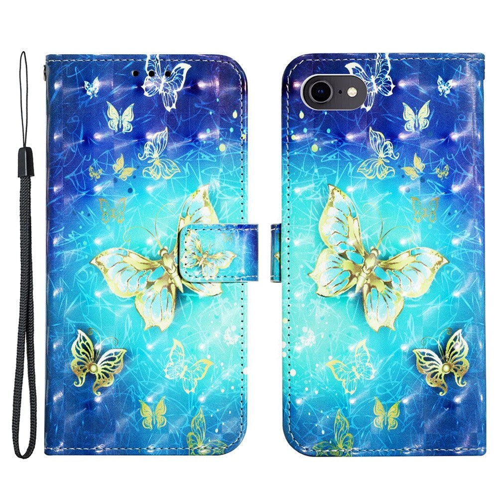 iPhone SE (2022 / 2020) / 8 / 7 Artificial Leather Flip Case with Strap & Purse - Gold Butterfly