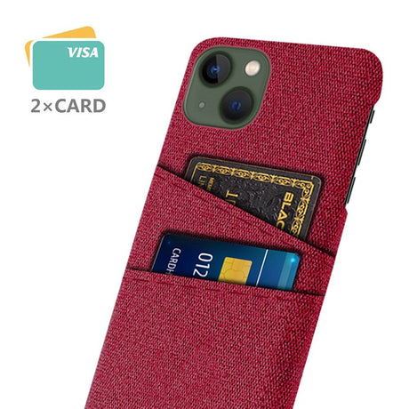 iPhone 14 Fabric Covered Plastic Back Case with Card Holder - Red