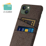 iPhone 14 Plus Fabric Covered Plastic Back Case with Card Holder - Brown