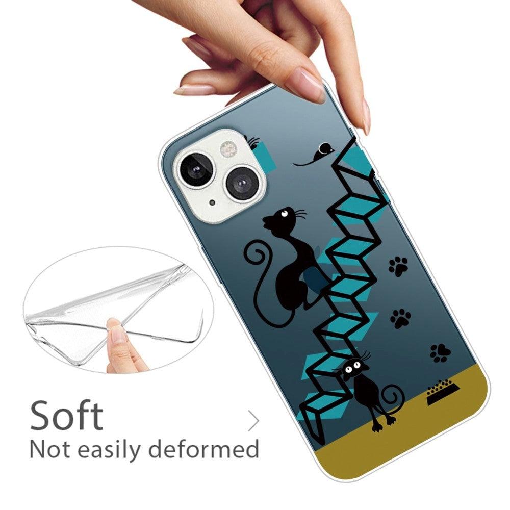 iPhone 14 Flexible TPU Plastic Case - Transparent w. Mouse & Cat