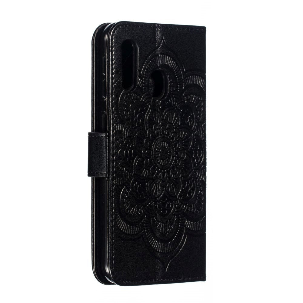 Samsung Galaxy A20e Leather Wallet Case Mandala Pattern Black