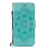 Samsung Galaxy A20e Leather Wallet Case Mandala Pattern Cyan blue