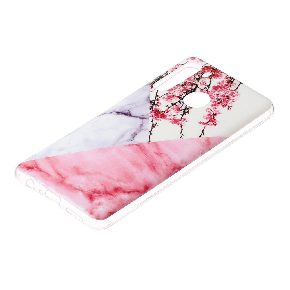 Samsung Galaxy A21 Flexible Plastic Case w. Marble Print - Pink Marble / Flowers