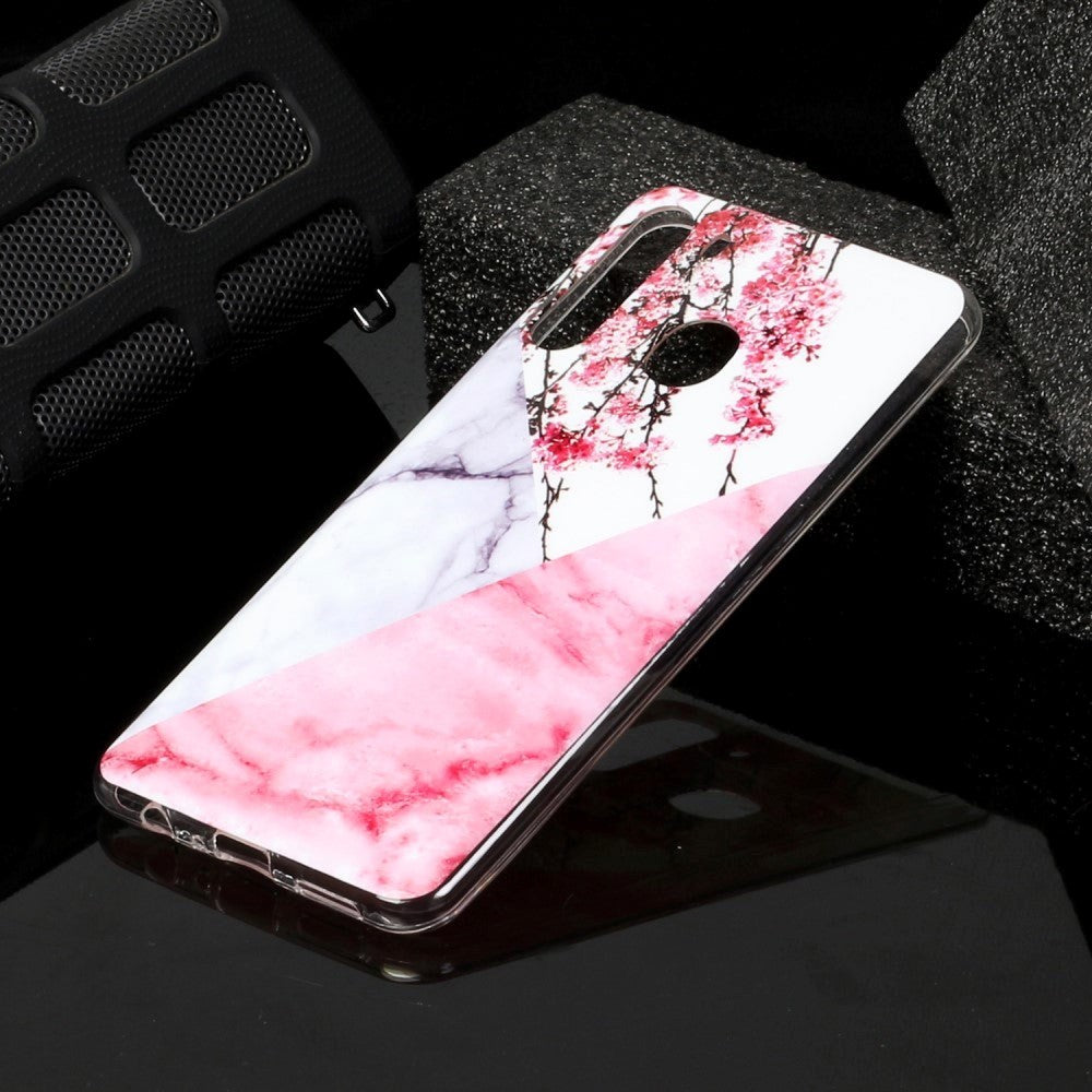 Samsung Galaxy A21 Flexible Plastic Case w. Marble Print - Pink Marble / Flowers