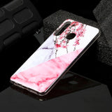 Samsung Galaxy A21 Flexible Plastic Case w. Marble Print - Pink Marble / Flowers