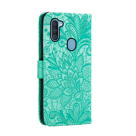 Samsung Galaxy M11 Floral Lace Leather Flip Case - Turquoise