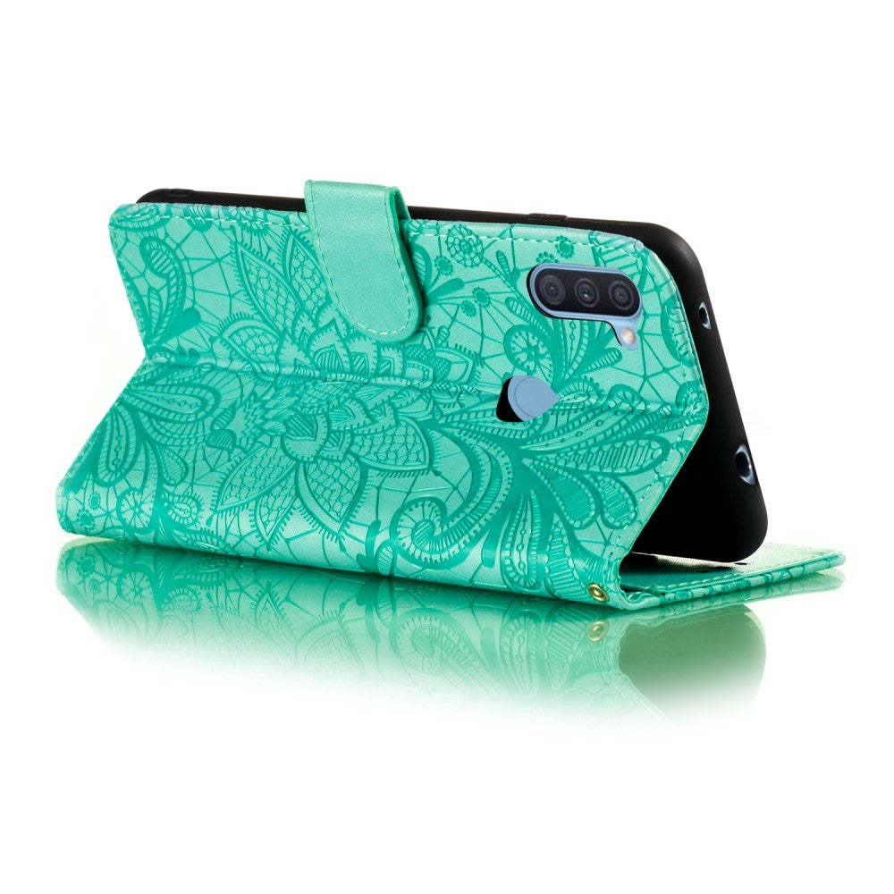 Samsung Galaxy M11 Floral Lace Leather Flip Case - Turquoise