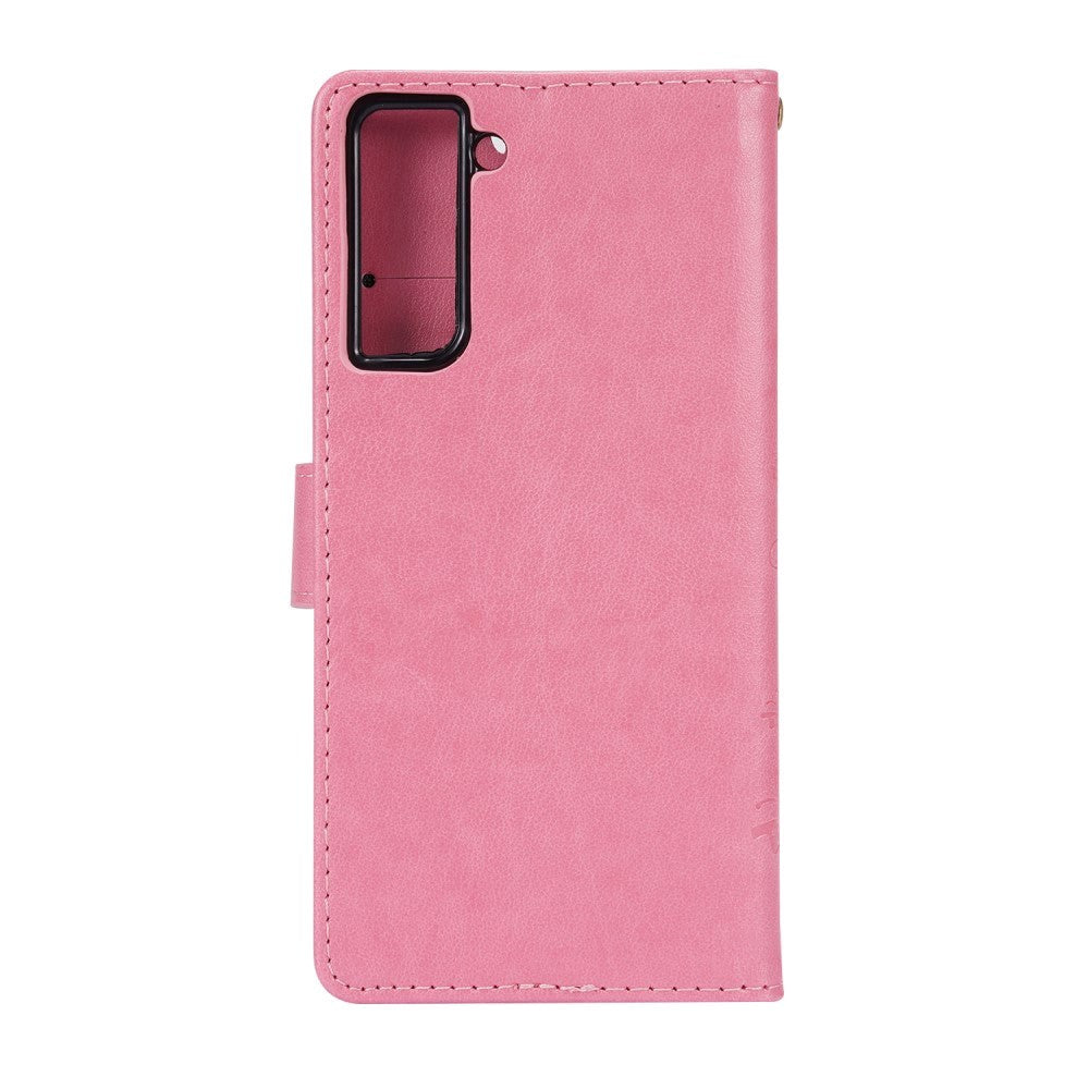 Samsung Galaxy S21 Leather Wallet Case - Flowers Imprint - Pink