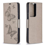 Samsung Galaxy S21 Ultra Leather Wallet Case - Butterflies Imprint - Grey