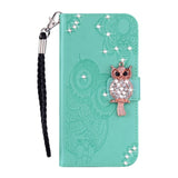 Samsung Galaxy S21+ (Plus) Owl & Rhinestone Leather Wallet Case - Cyan