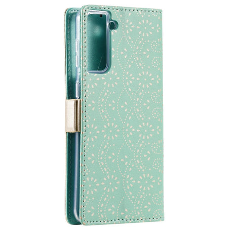 Samsung Galaxy S21+ (Plus) Leather Wallet Case - Blonde Print - Cyan / Gold