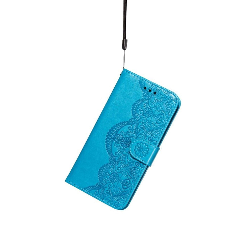 Samsung Galaxy S21+ (Plus) Leather Wallet Case - Flower Vine Imprint - Blue