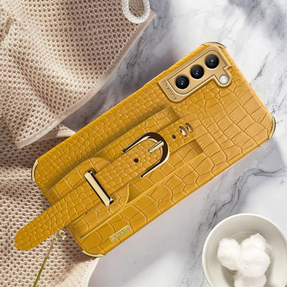 Samsung Galaxy S21 Flexible Crocodile Leather Case w. Hand holder - Yellow