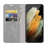 Samsung Galaxy S22 Ultra Matte Leather Flip Case w. Card Holder & Stand - Grey